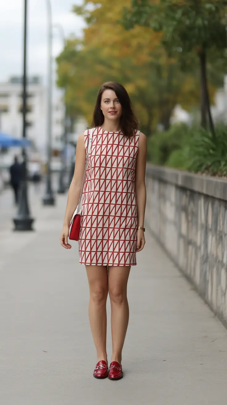 spring preppy outfits 2026 Geometric Dress with Bold Red Prep