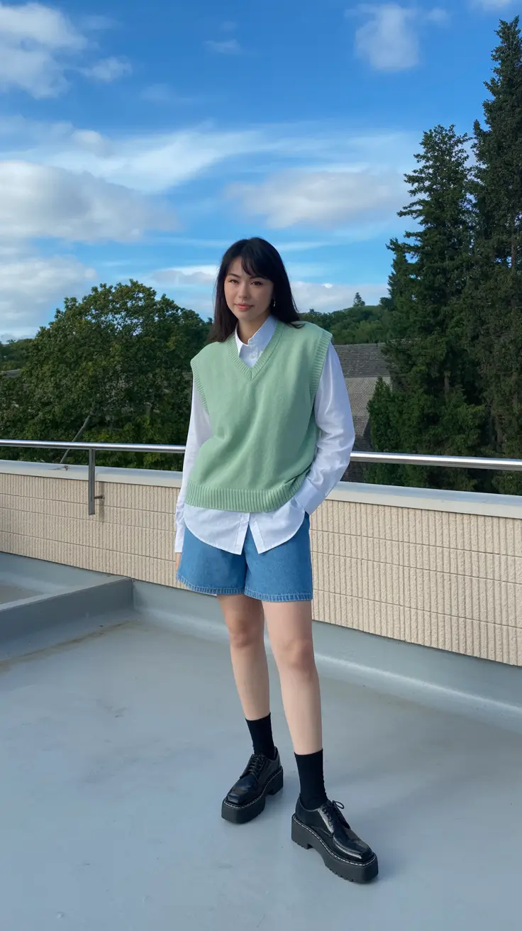 spring preppy outfits 2026 Soft Green Layers with Denim Ease