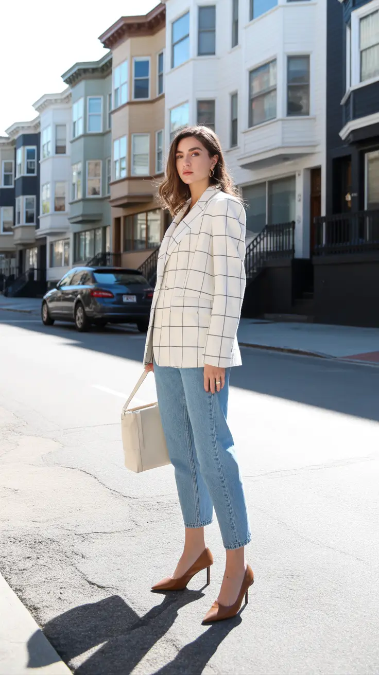 spring workwear 2026 Classic Check Blazer with Relaxed Denim