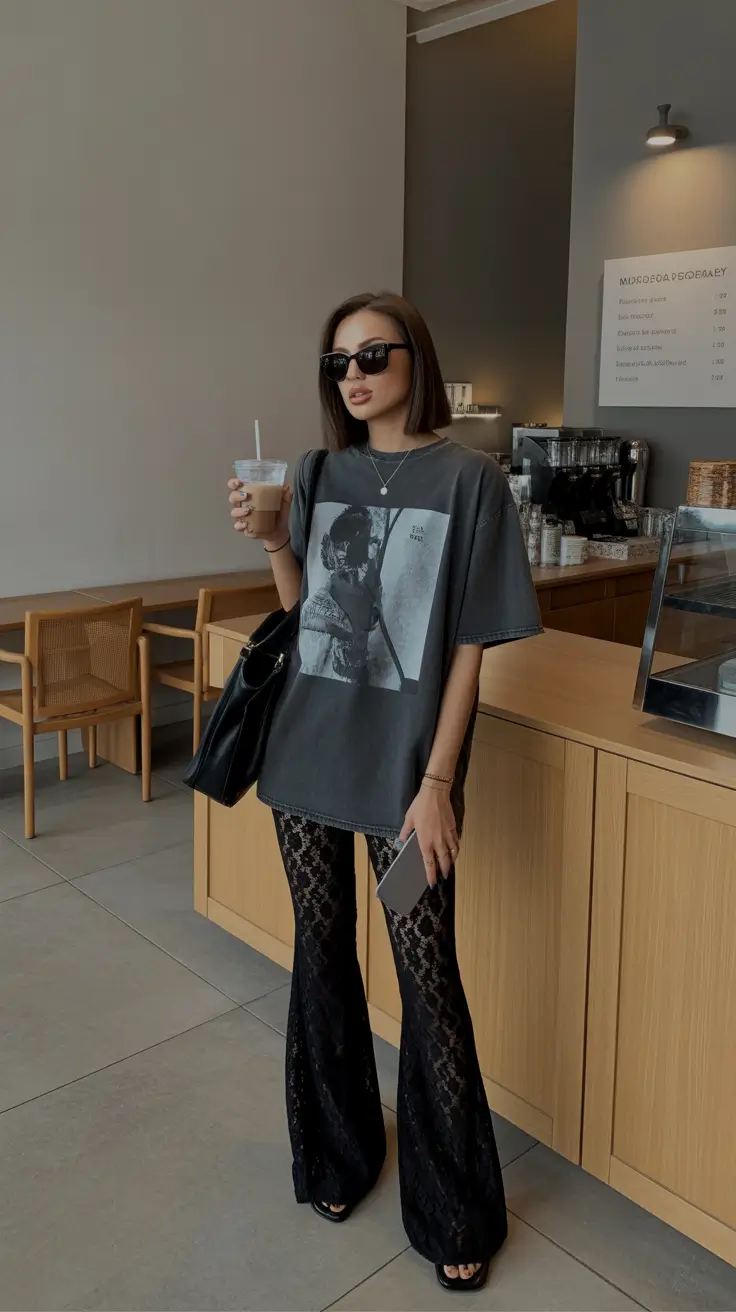 spring rave outfits Graphic Tee Lace-Edge Cool