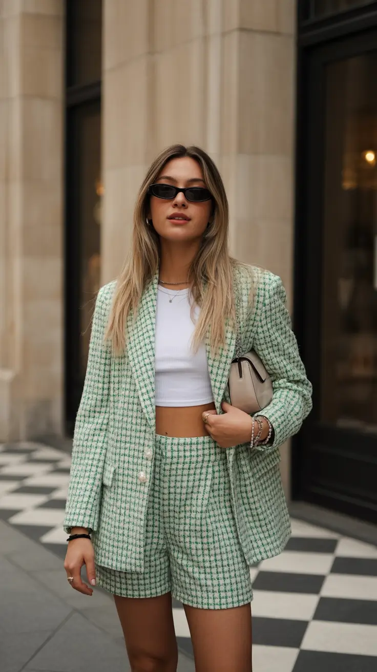 spring blazer outfits 2026 Mint Tweed With a Modern Twist