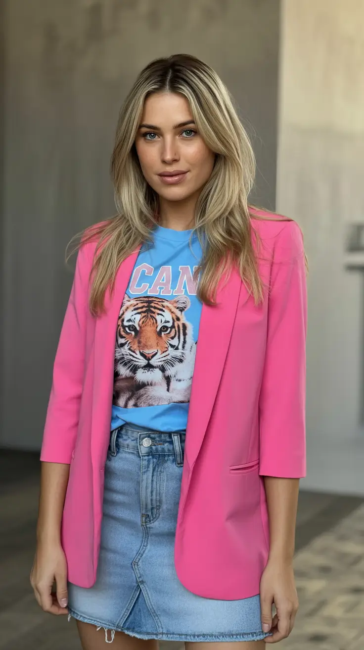 spring blazer outfits 2026 Pop Pink With Playful Graphics