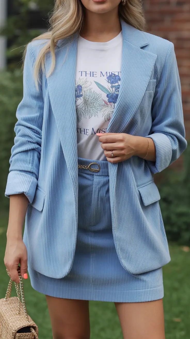 spring blazer outfits 2026 Blue Corduroy With a Soft Vintage Feel