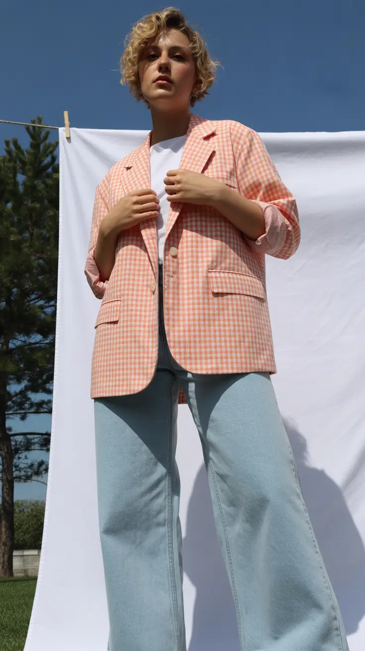 spring blazer outfits 2026 Peach Gingham Playfulness