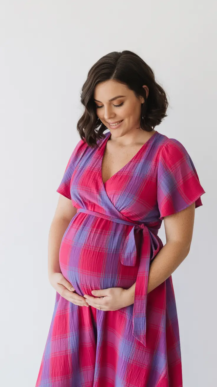 effortless spring outfit for pregnant women 2026 Soft Plaid Brights With a Wrap Silhouette