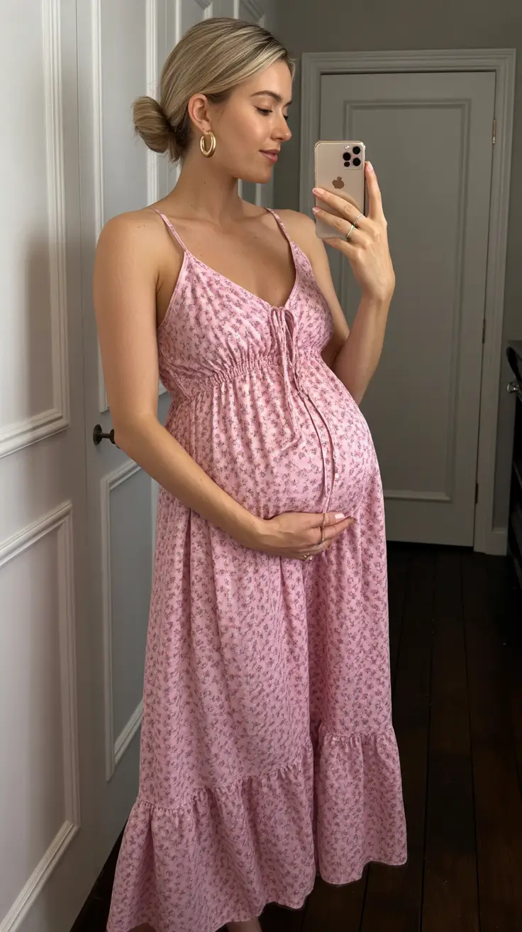 effortless spring outfit for pregnant women 2026 Pink Petals in a Relaxed Maxi Silhouette