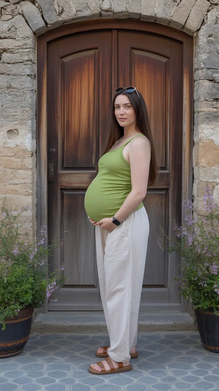 effortless spring outfit for pregnant women 2026 Laid-Back Neutrals With a Fresh Spring Green