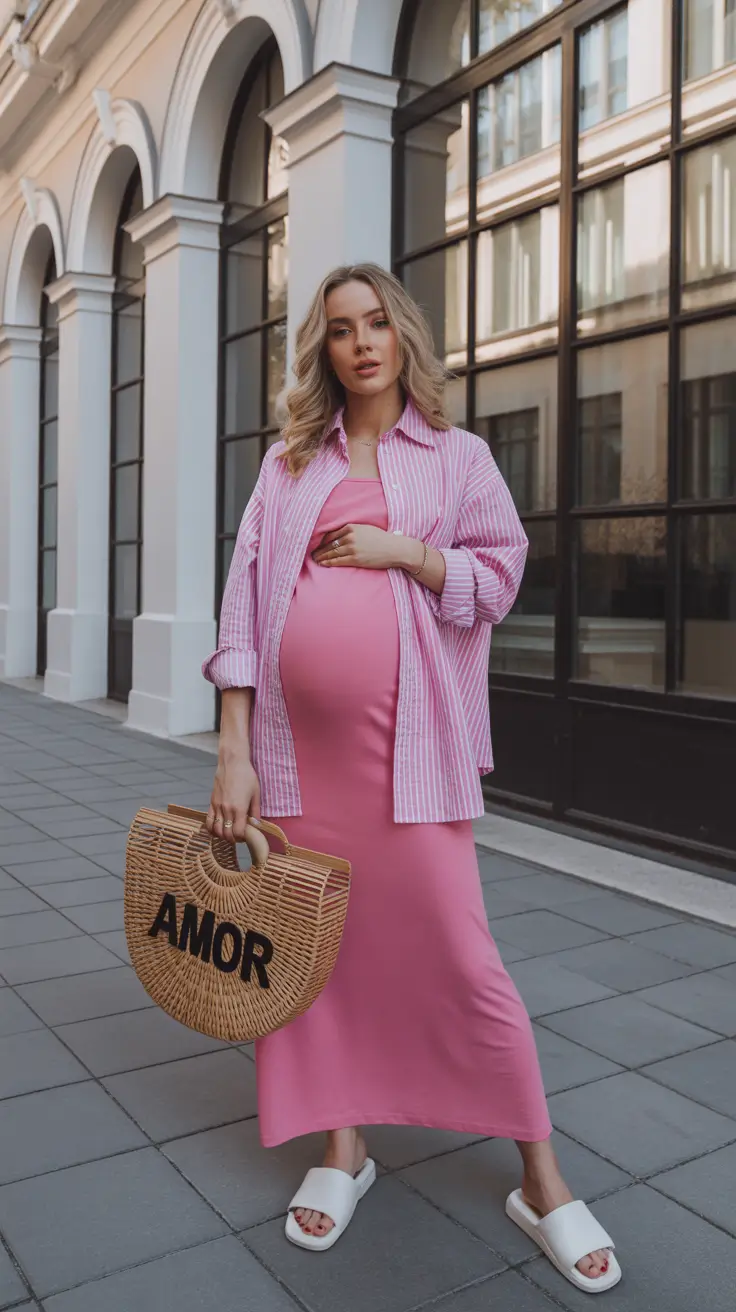 effortless spring outfit for pregnant women 2026 Bubblegum Layers With Relaxed Street Style