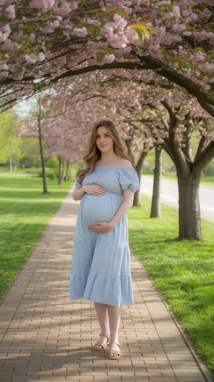 effortless spring outfit for pregnant women 2026 Blue Polka-Dot Ease Under Blossoming Trees