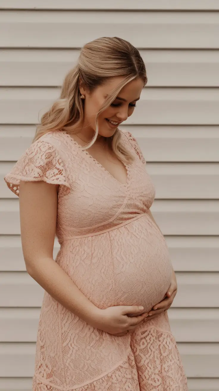 effortless spring outfit for pregnant women 2026 Soft Lace and Blush Tones