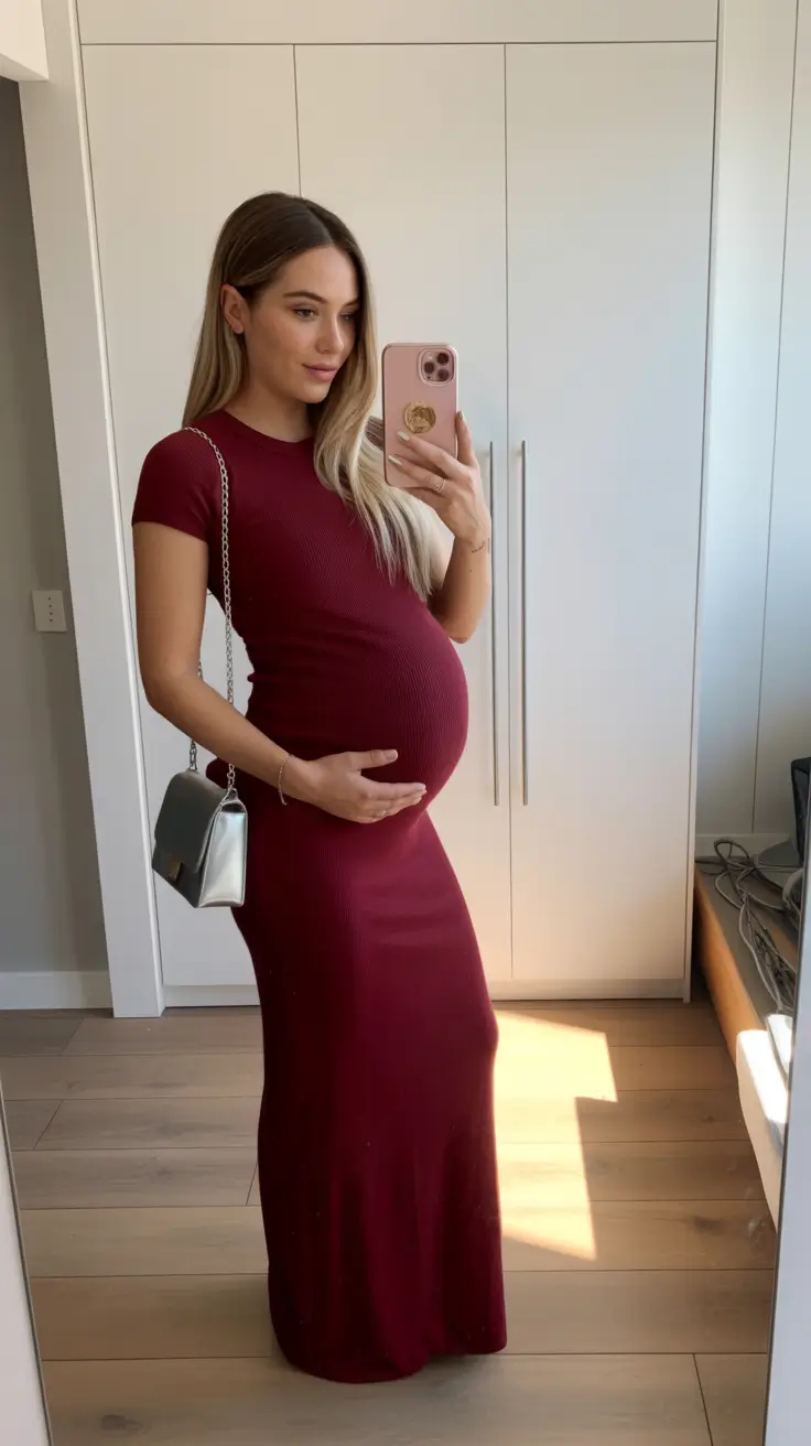 effortless spring outfit for pregnant women 2026 Minimal Chic in Deep Wine