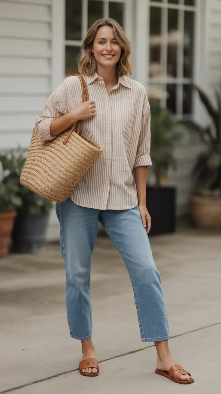 spring mom outfits 2026 Natural Stripes and Relaxed Denim for Everyday Ease