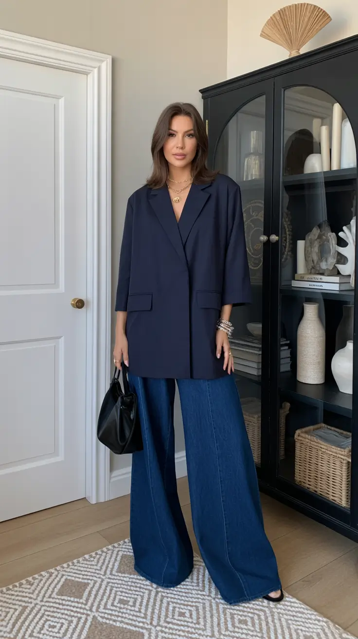 spring mom outfits 2026 Structured Navy Layers and Wide Denim for Chic Spring Strength