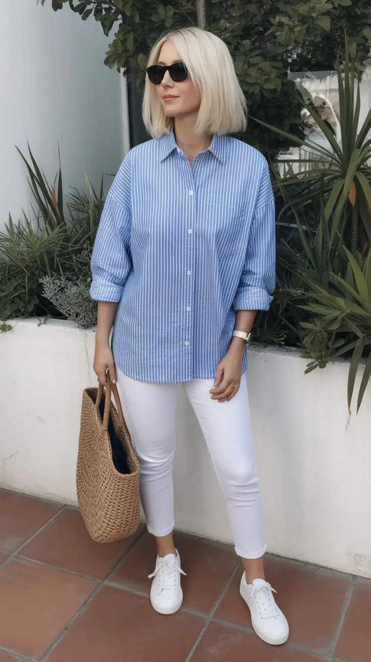 spring mom outfits 2026 Relaxed Stripes and White Denim for Breezy Spring Errands
