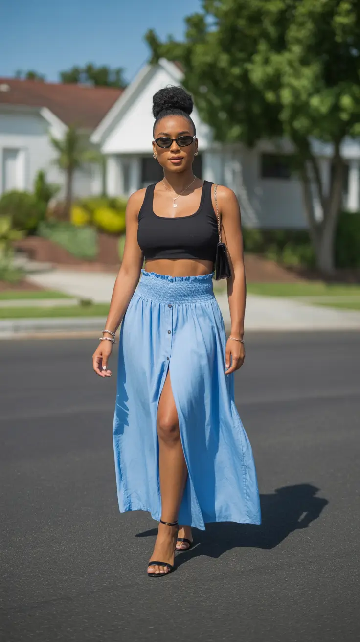 spring mom outfits 2026 Minimalist Black and Sky-Blue Elegance with a Sporty Edge