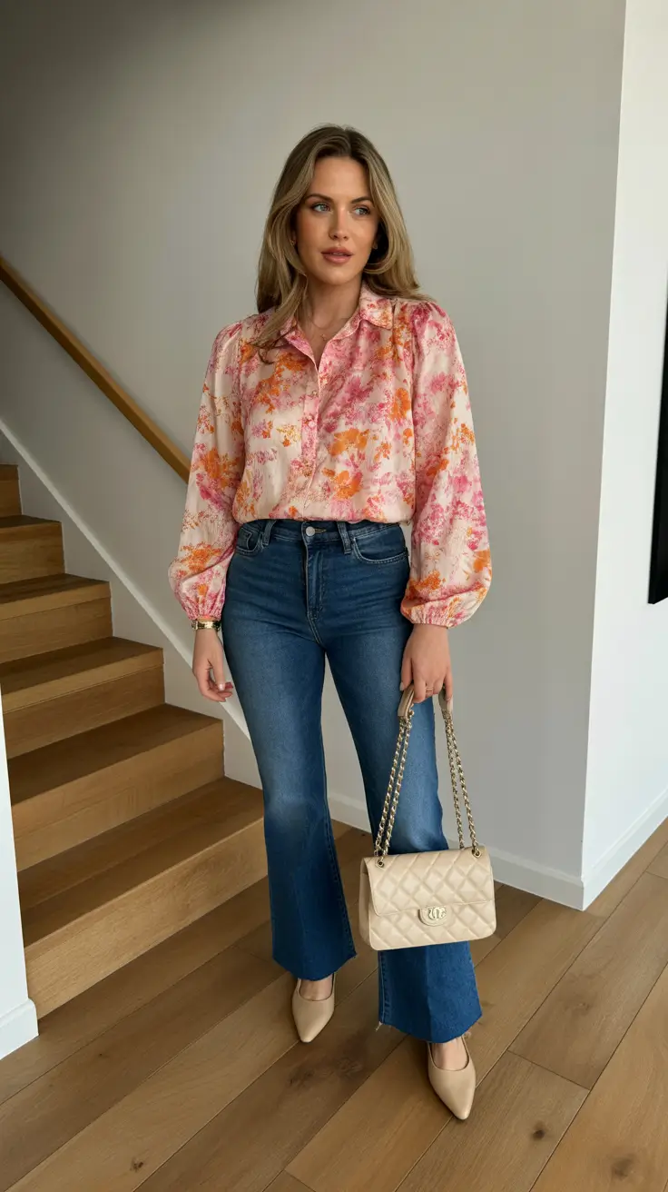 spring mom outfits 2026 Soft Florals and Flared Denim for Modern Spring Romance