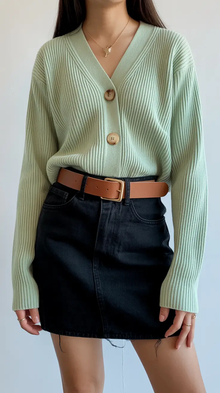 top spring skirt outfits 2026 - Soft Green Knit and Clean Denim Contrast