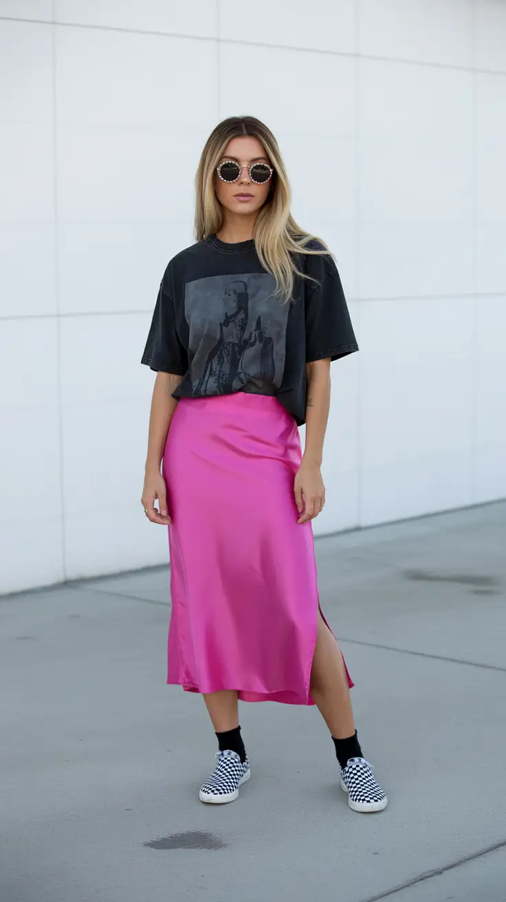 top spring skirt outfits 2026 - Bold Pink Satin With Graphic Street Energy