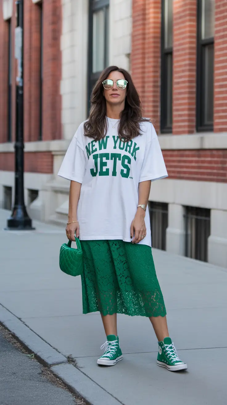 top spring skirt outfits 2026 - Green Lace Drama With Sporty Balance