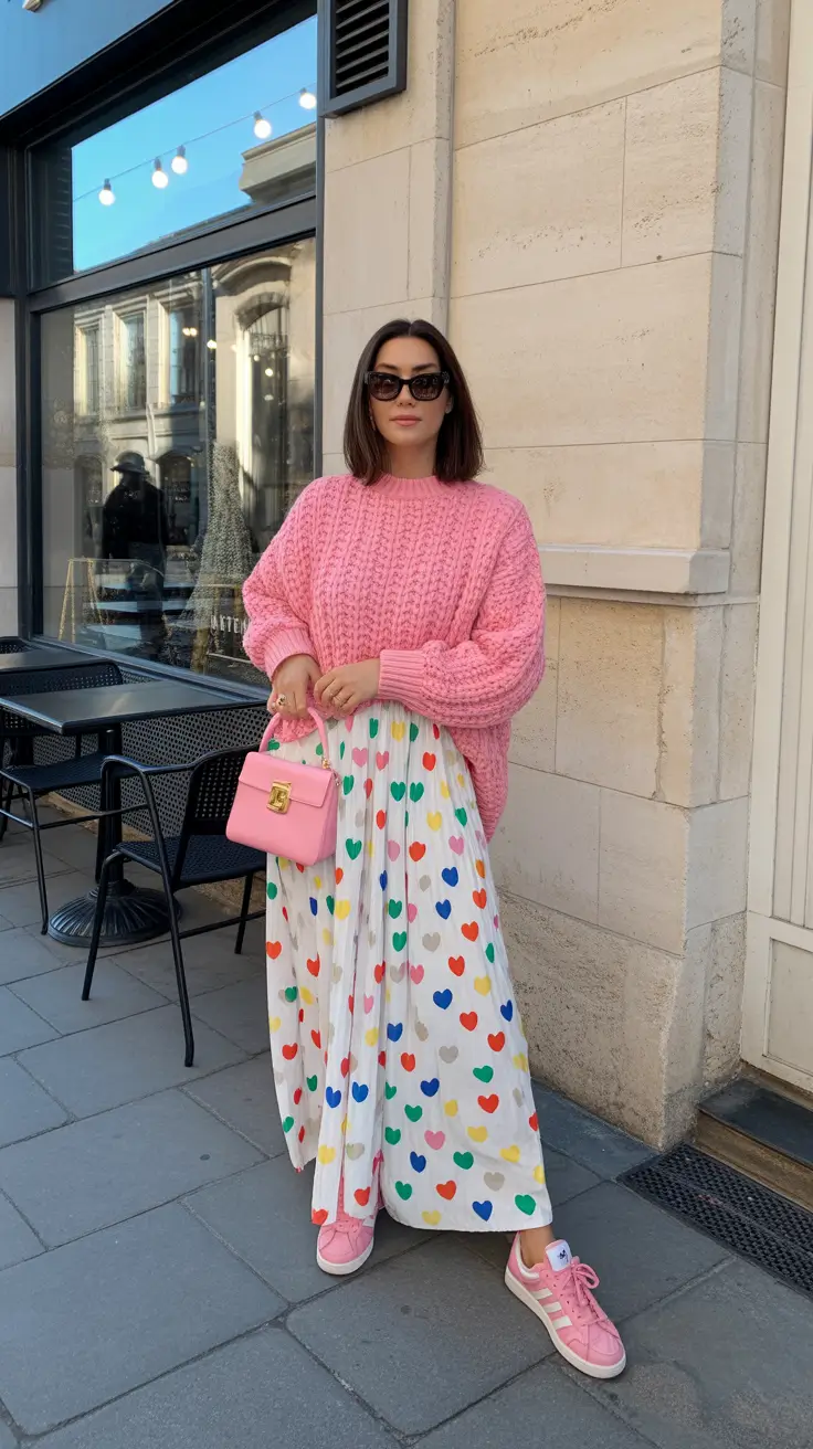 top spring skirt outfits 2026 - Candy-Pink Knit With Heart-Print Whimsy