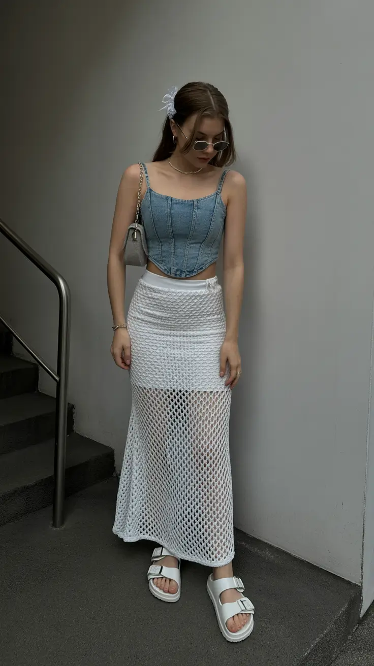 top spring skirt outfits 2026 - Cool-Toned Mesh With Denim Corset Play