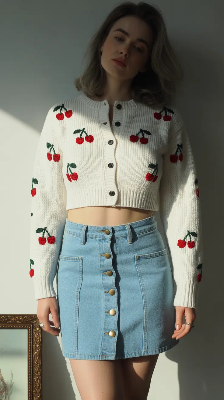 top spring skirt outfits 2026 - Cherry-Stitched Sweetness With Denim Structure