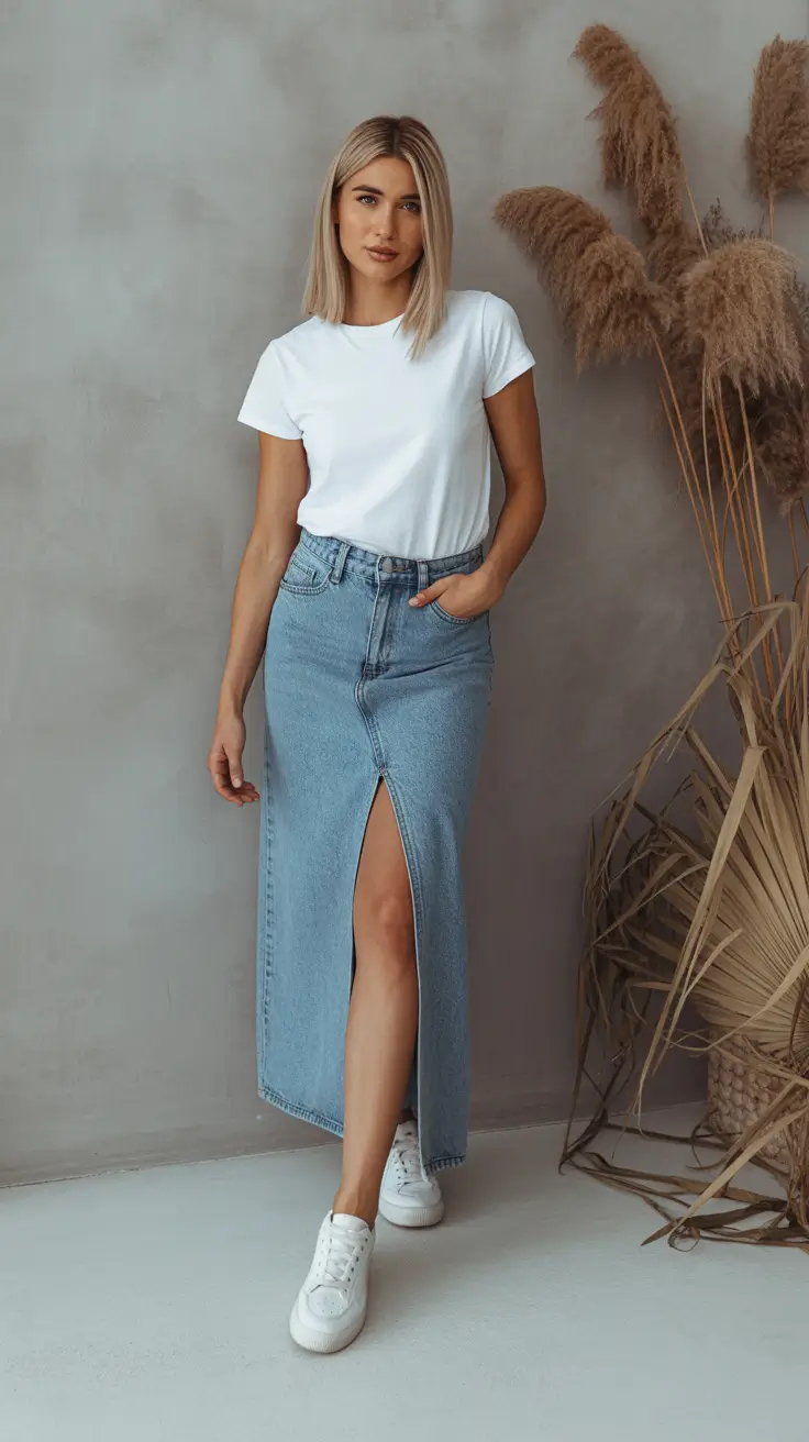 top spring skirt outfits 2026 - Clean White Tee With Timeless Denim Elegance