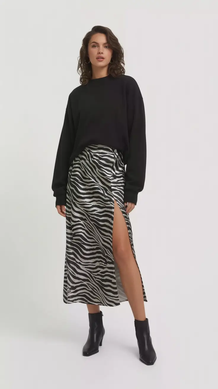 top spring skirt outfits 2026 - Zebra Satin and Midnight Knit for Bold Spring Drama
