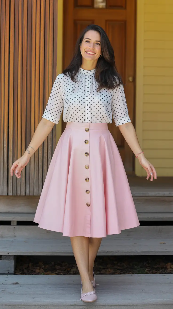 top spring skirt outfits 2026 - Timeless Polka Dots With a Flared Pink Skirt