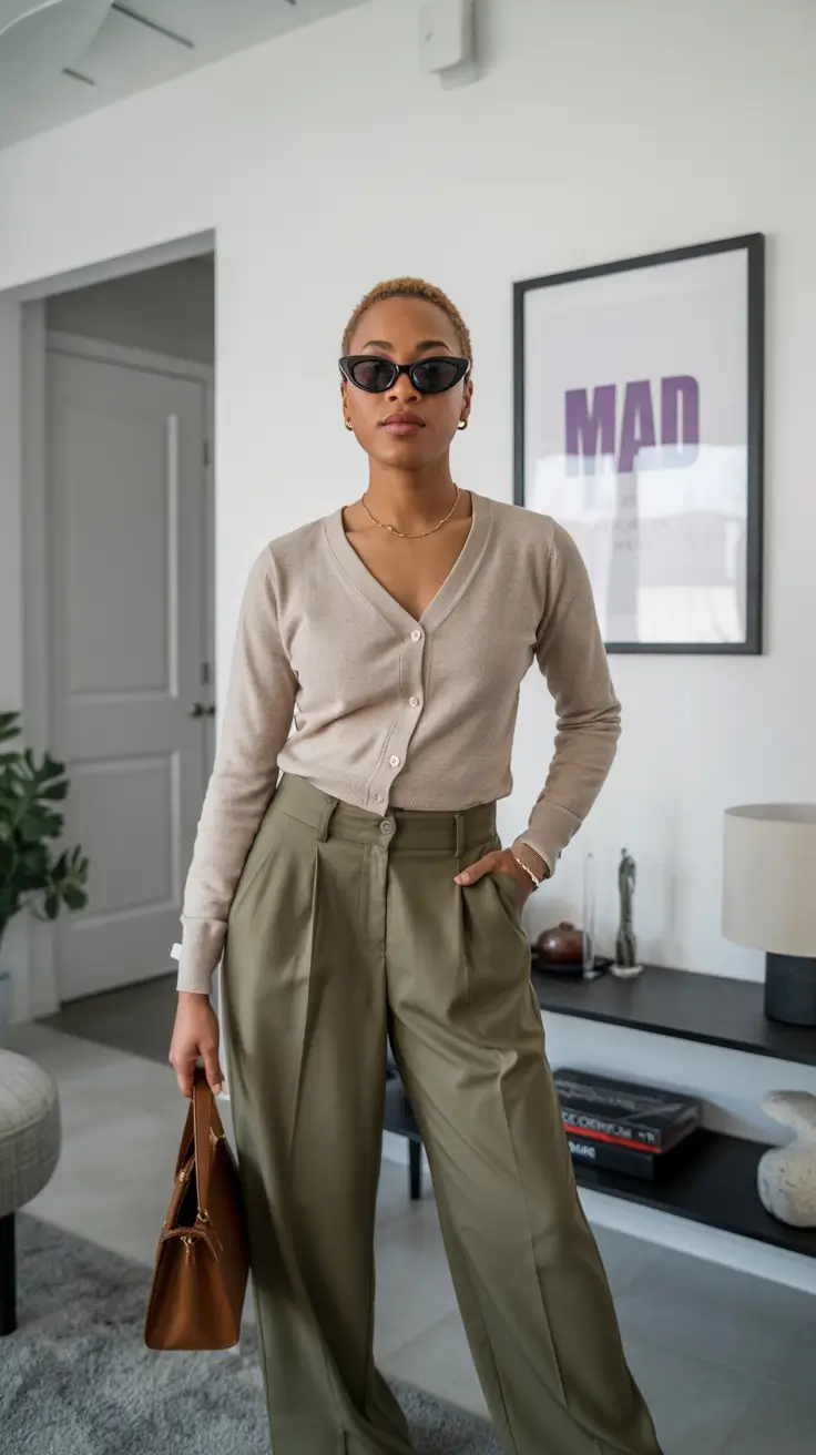 spring-office-outfits-women-2026-Minimal-Cardigan-Olive-Trousers