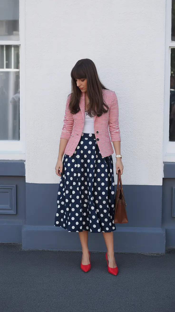 april outfits ideas 2026 Classic Polka Dot Midi Skirt with Striped Spring Jacket