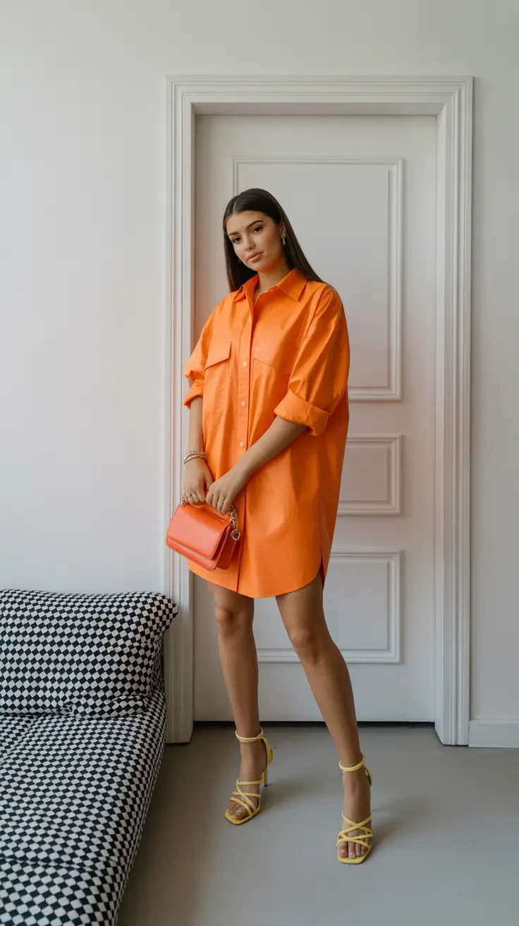 april outfits ideas 2026 Oversized Orange Shirt Dress for Bright Spring Days