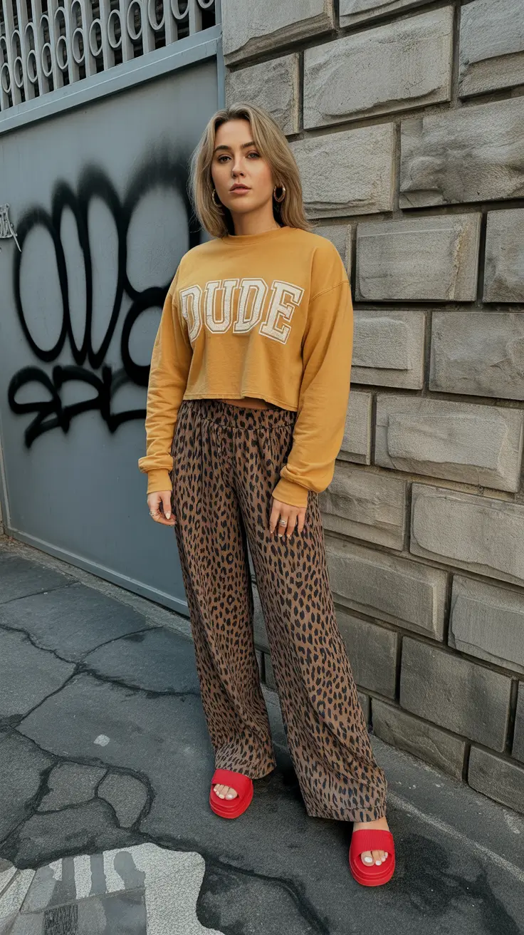 april outfits ideas 2026 Sporty Street Style with Cropped Sweatshirt and Printed Trousers