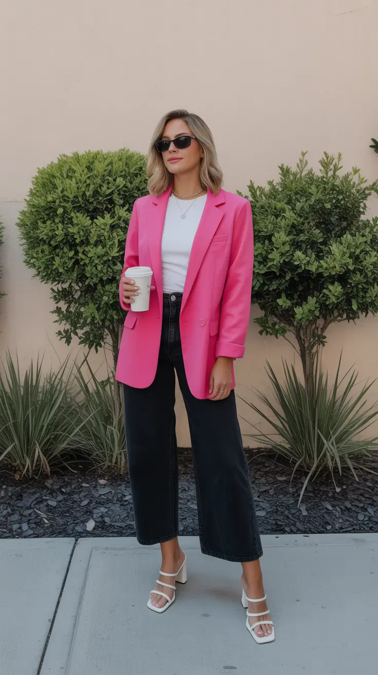 april outfits ideas 2026 Bright Pink Blazer with Relaxed Denim for Modern Spring Style