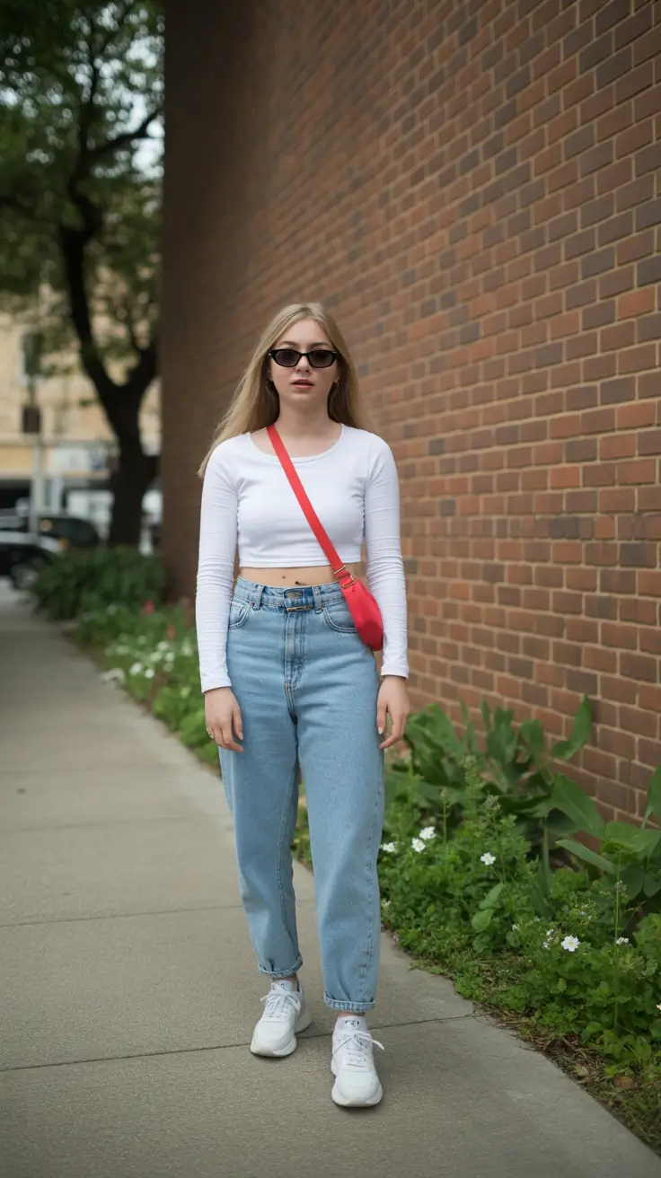 april outfits ideas 2026 Minimal White Crop Top and Classic Denim Street Look