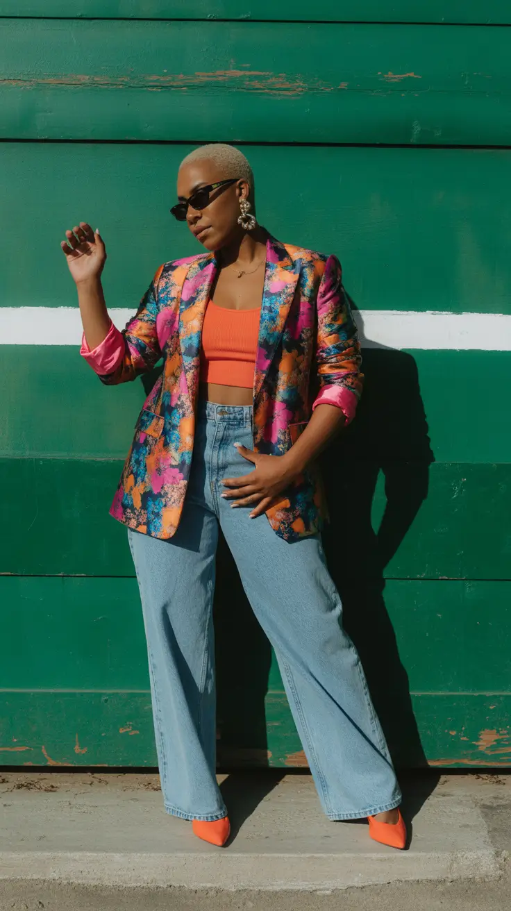 april outfits ideas 2026 Statement Printed Blazer with Denim for Bold Spring Fashion