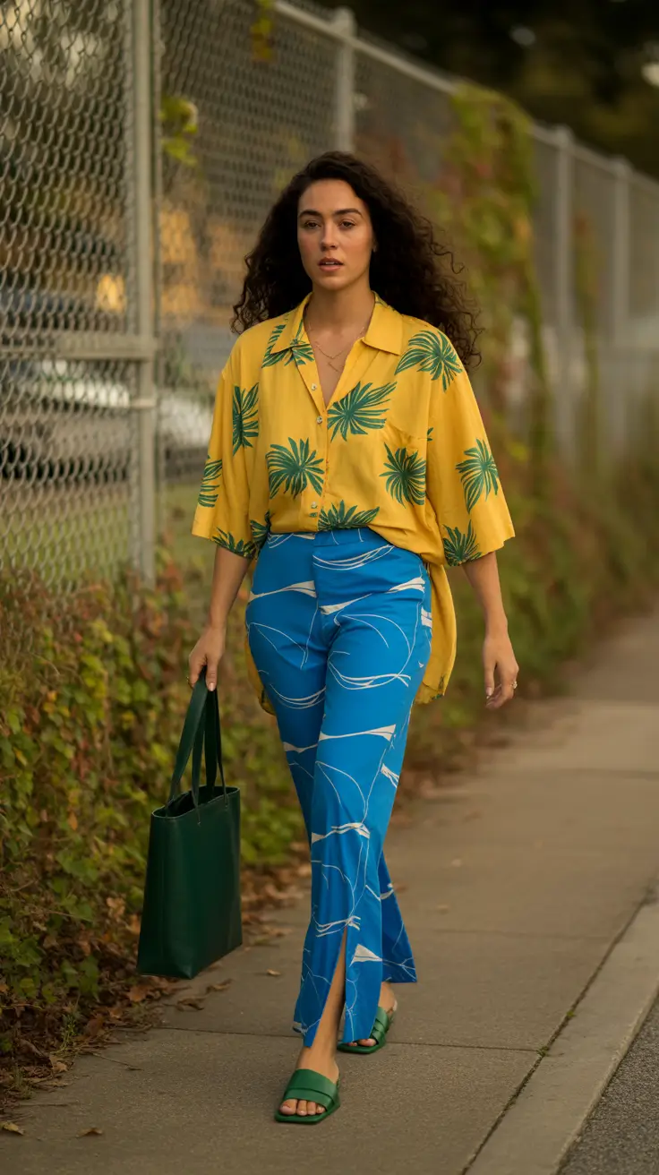 april outfits ideas 2026 Tropical Shirt and Flowing Skirt for Warm April Days
