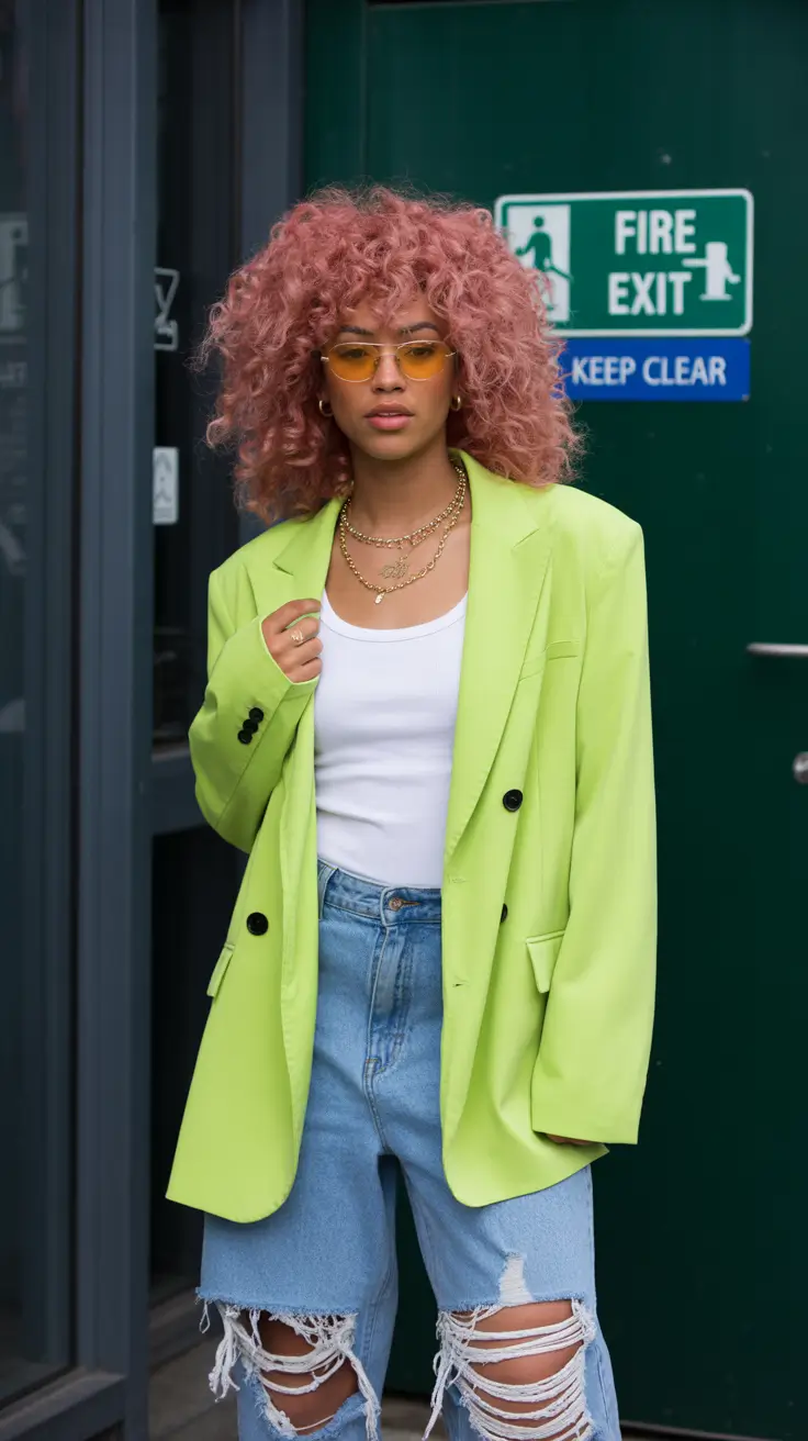 april outfits ideas 2026 Neon Green Blazer and Distressed Denim Street Outfit