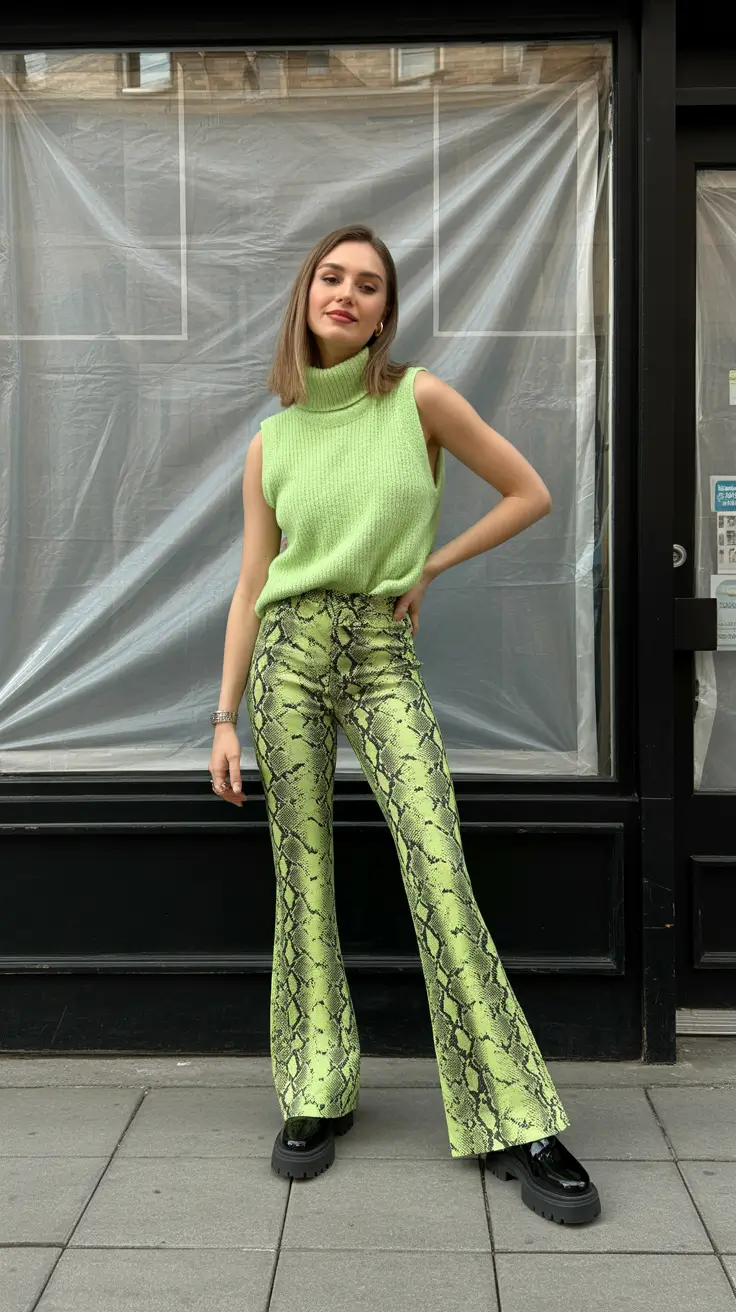 april outfits ideas 2026 Statement Green Pants and Sleeveless Knit for Bold Spring Fashion