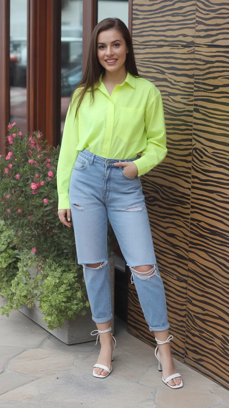 april outfits ideas 2026 Bright Lime Shirt and Denim for Playful Spring Energy
