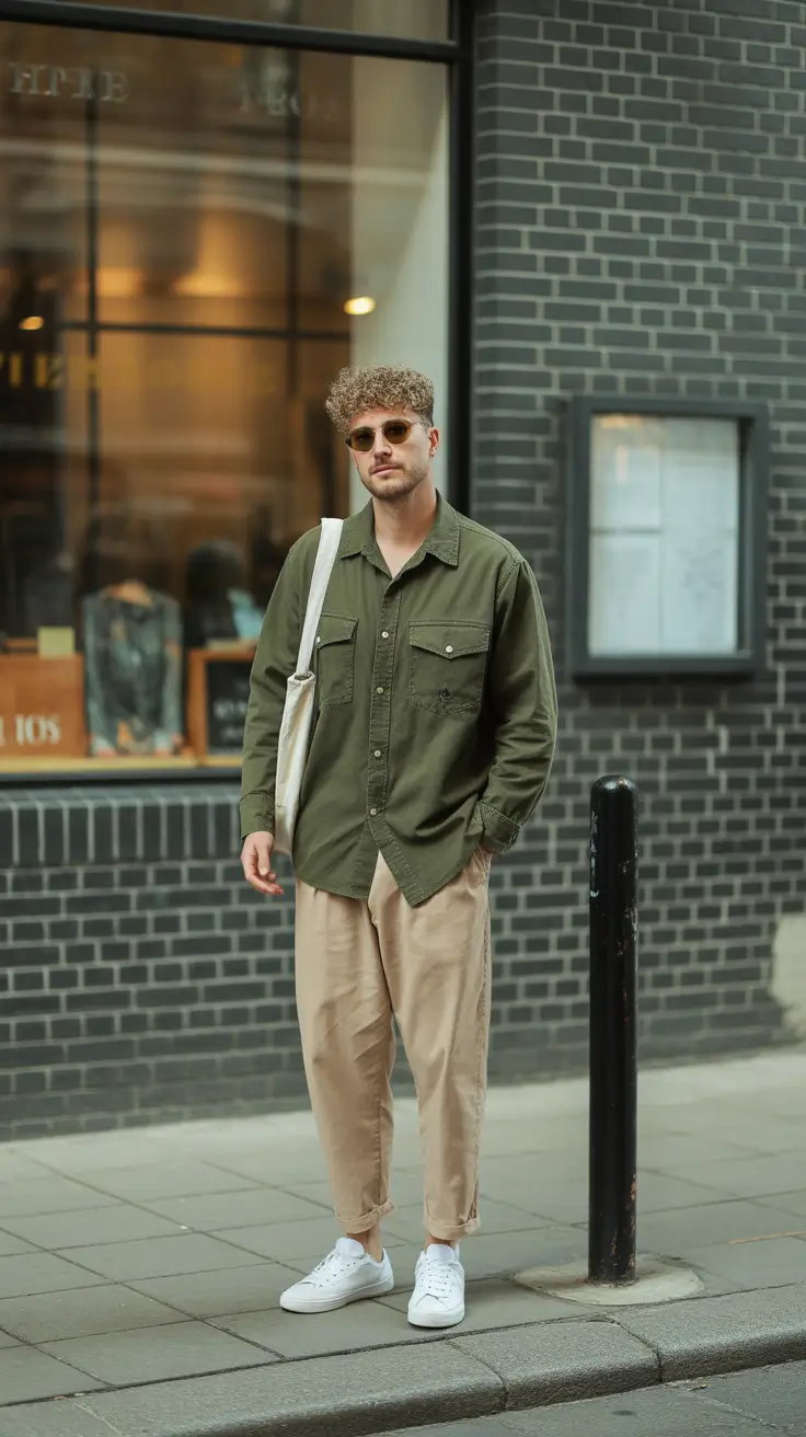 casual summer outfits men 2026 Relaxed Olive Layers and Neutral Confidence