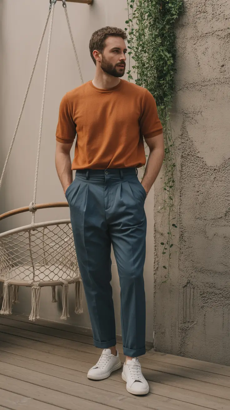 casual summer outfits men 2026 Tailored Rust Tee and Elevated Minimalism