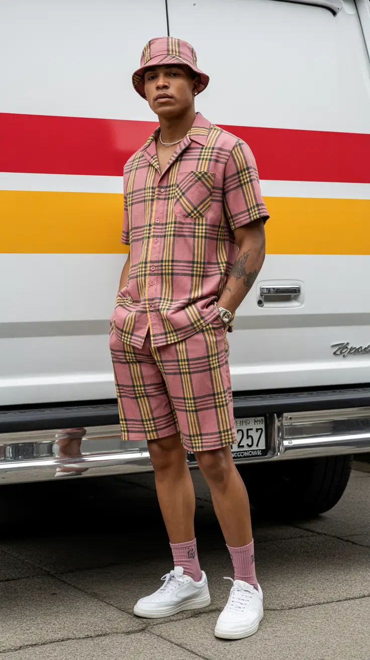 casual summer outfits men 2026 Plaid Co-ord Playfulness and Festival Energy