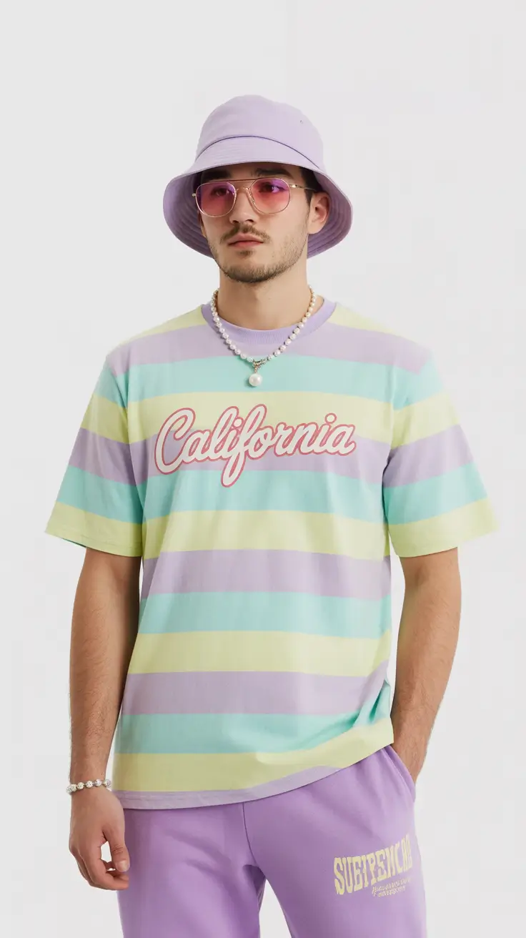 casual summer outfits men 2026 Pastel Stripes and Beachside Pop Culture Vibes