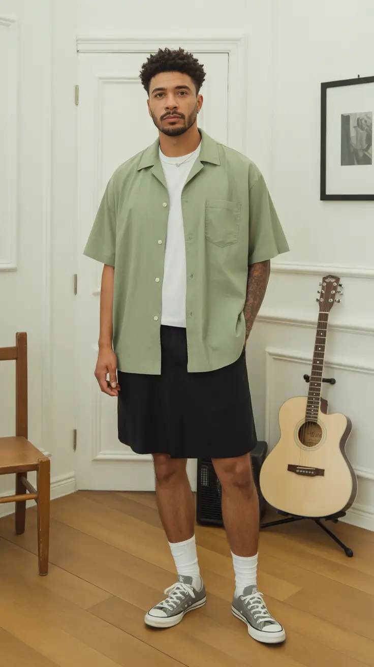 casual summer outfits men 2026 Muted Green Shirt and Relaxed Monochrome Balance