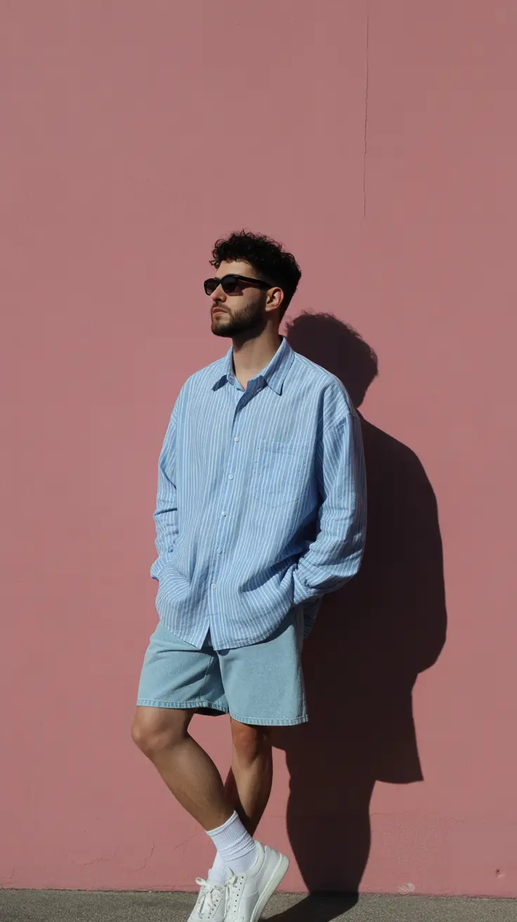 casual summer outfits men 2026 Striped Blue Shirt and Denim Ease Outdoors