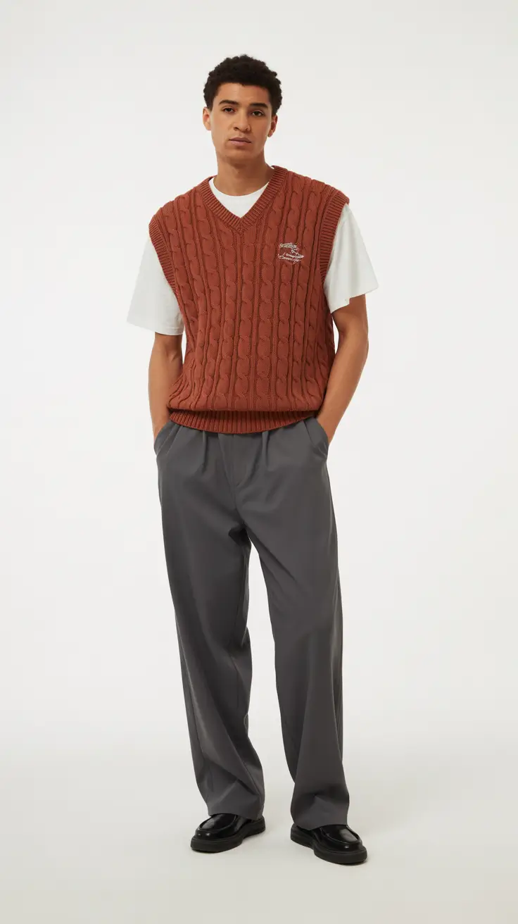 casual summer outfits men 2026 Layered Knit Vest and Urban Preppy Mood