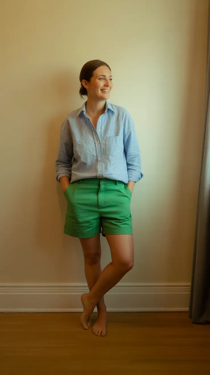 chic summer fashion outfits 2026 Classic Shirt and Shorts with a Relaxed Preppy Feel