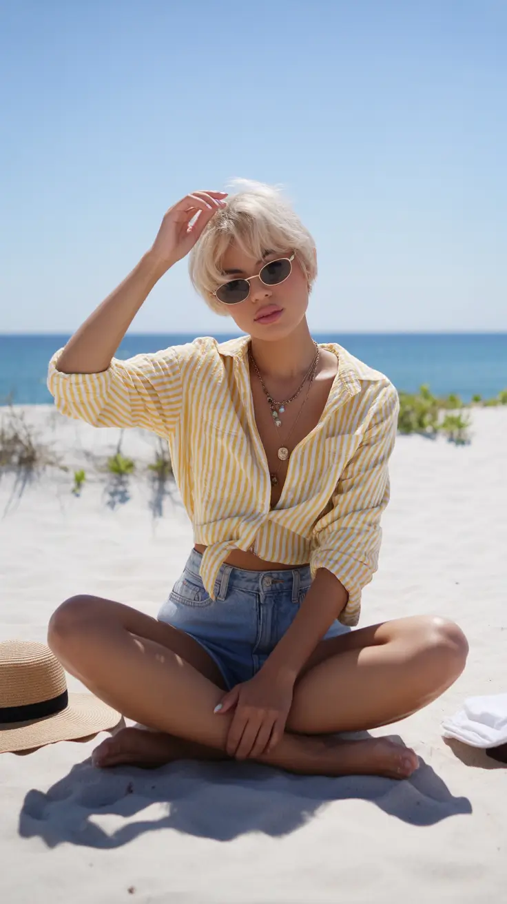 chic summer fashion outfits 2026 Striped Shirt Ease with a Beachside Attitude