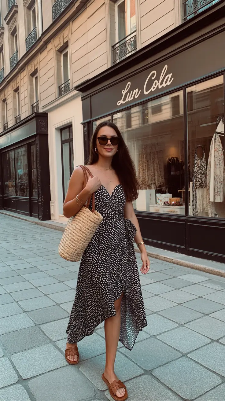 chic summer fashion outfits 2026 Effortless Parisian Flow in a Printed Midi Dress